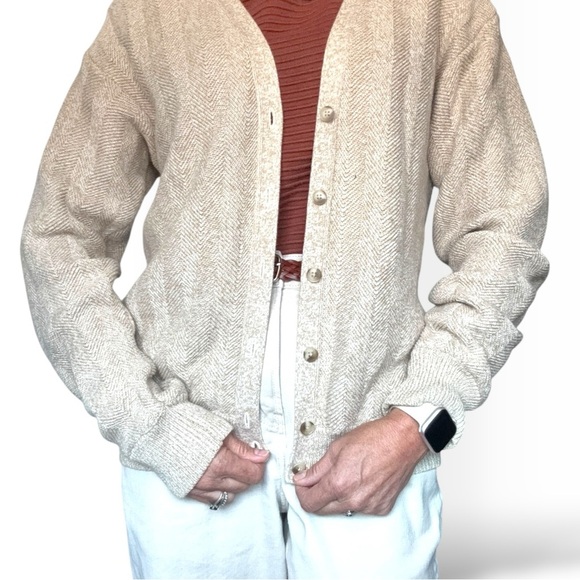 Roundtree & Yorke Beige Herringbone Cotton Cardigan Preppy Neutral Grandpa - Picture 1 of 12